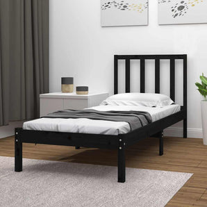 Cadru de pat mic single, negru, 75x190 cm, lemn masiv de pin