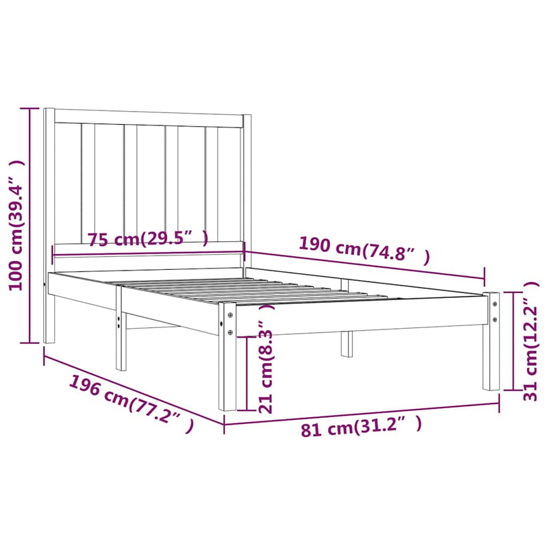 Cadru de pat mic single, alb, 75x190 cm, lemn masiv de pin