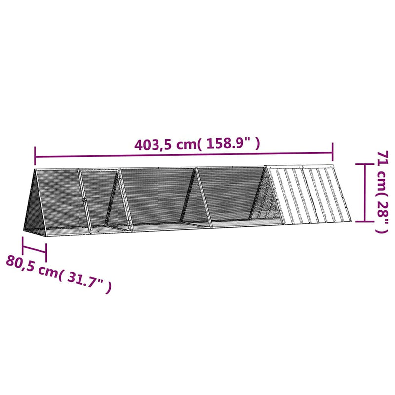 Cușcă pentru iepuri, gri, 403,5x80,5x71 cm, oțel galvanizat