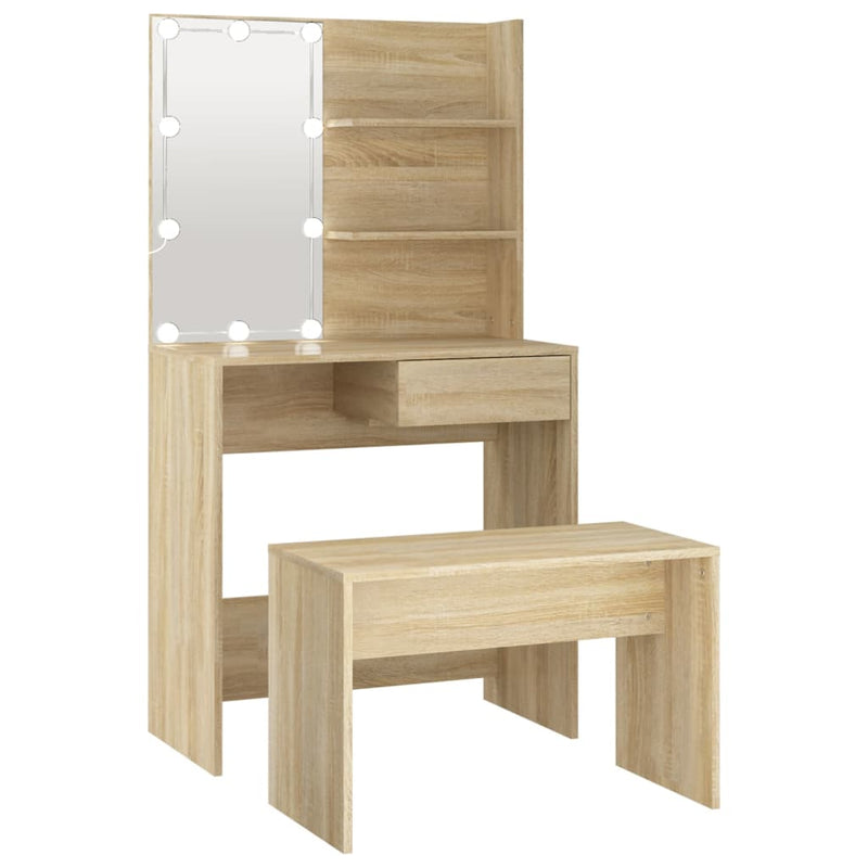 Set de măsuță de toaletă cu LED, stejar sonoma, lemn prelucrat
