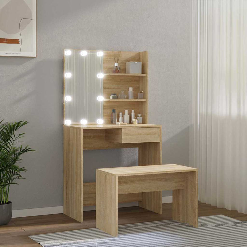 Set de măsuță de toaletă cu LED, stejar sonoma, lemn prelucrat
