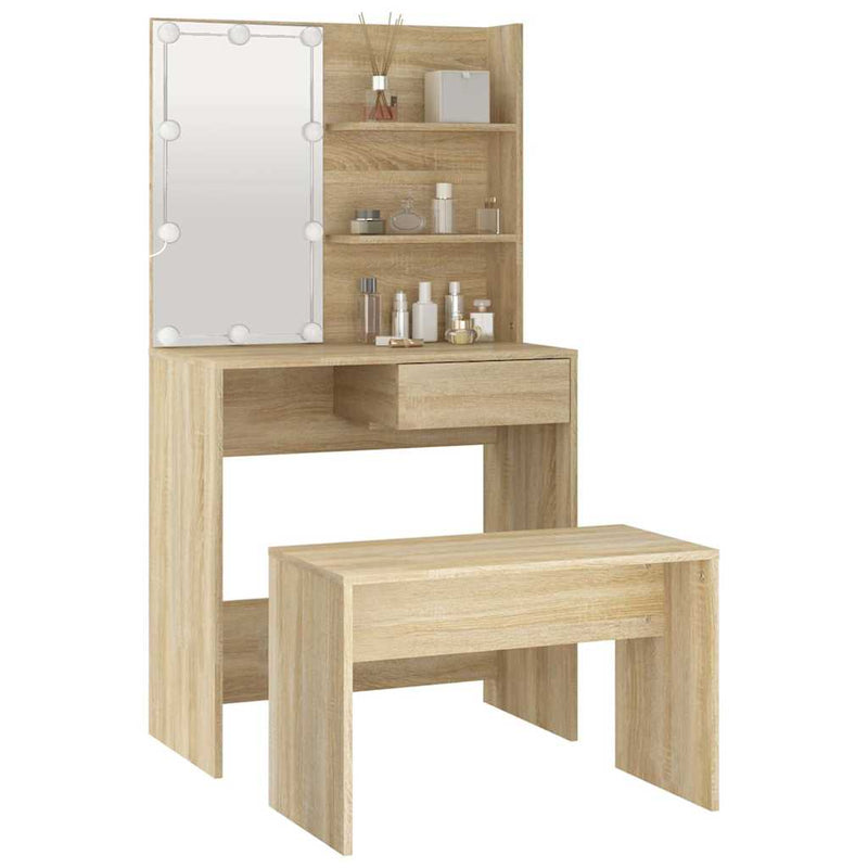 Set de măsuță de toaletă cu LED, stejar sonoma, lemn prelucrat