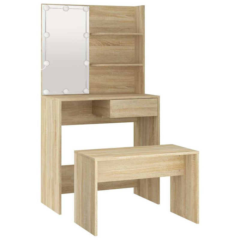 Set de măsuță de toaletă cu LED, stejar sonoma, lemn prelucrat