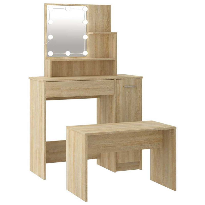 Set de măsuță de toaletă cu LED, stejar sonoma, lemn prelucrat