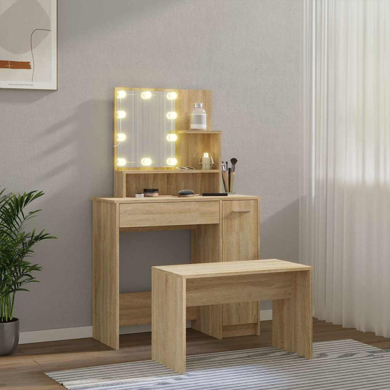 Set de măsuță de toaletă cu LED, stejar sonoma, lemn prelucrat