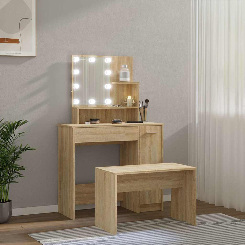 Set de măsuță de toaletă cu LED, stejar sonoma, lemn prelucrat