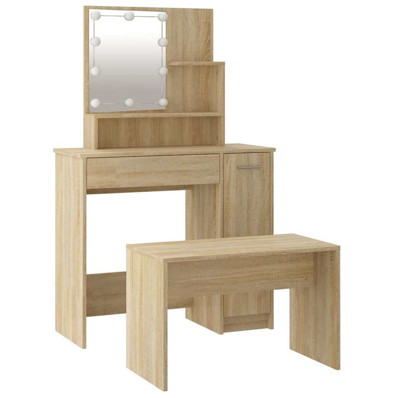 Set de măsuță de toaletă cu LED, stejar sonoma, lemn prelucrat