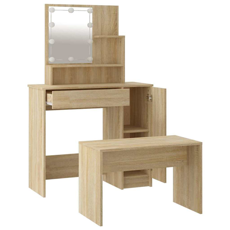 Set de măsuță de toaletă cu LED, stejar sonoma, lemn prelucrat