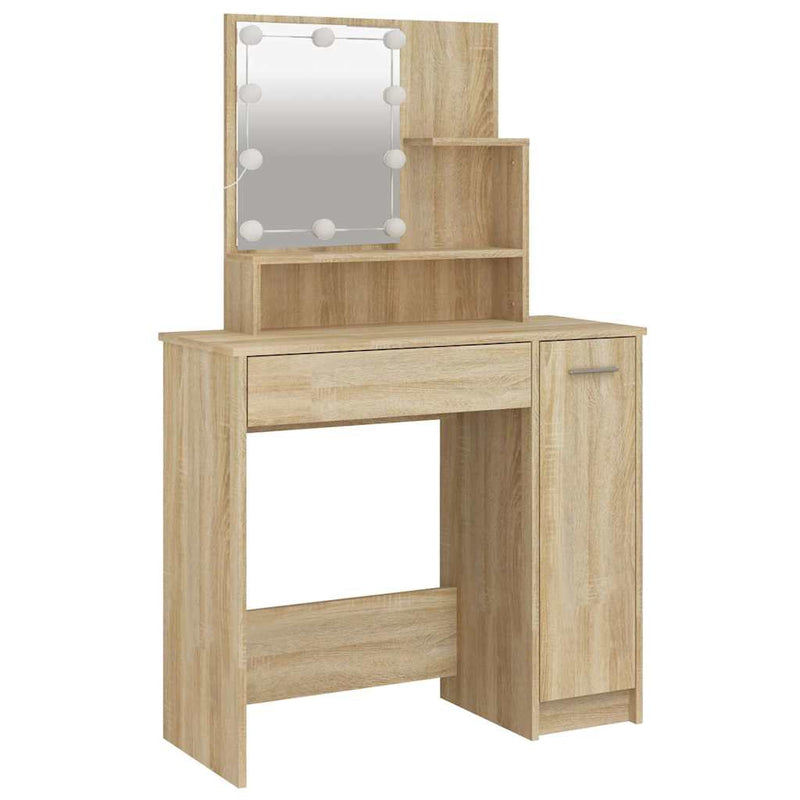 Set de măsuță de toaletă cu LED, stejar sonoma, lemn prelucrat