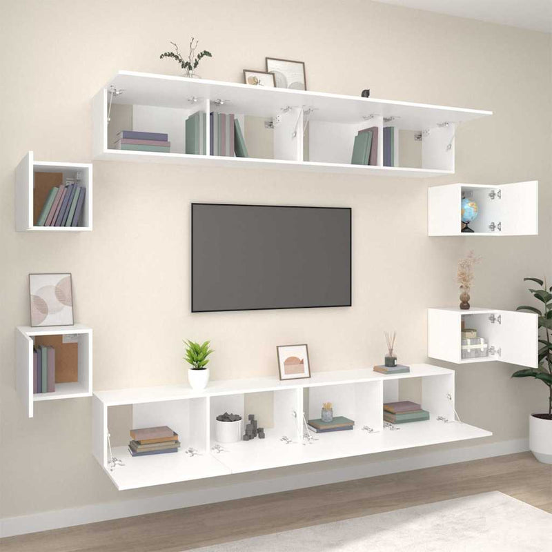 Set dulap TV, 8 piese, alb, lemn prelucrat