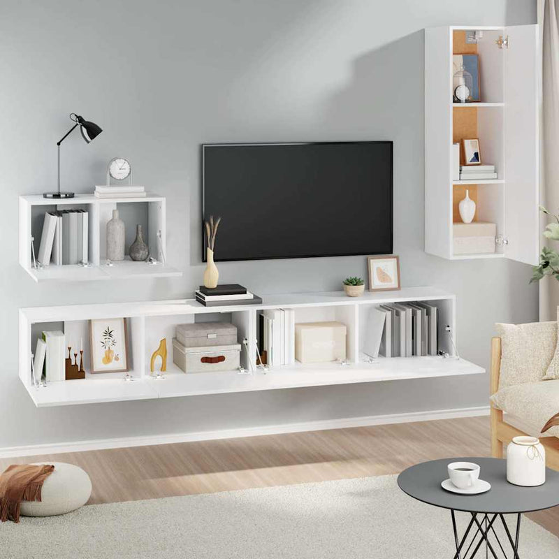 Set dulap TV, 4 piese, alb, lemn prelucrat