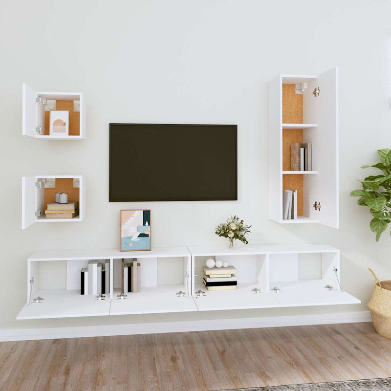 Set dulap TV, 5 piese, alb, lemn prelucrat