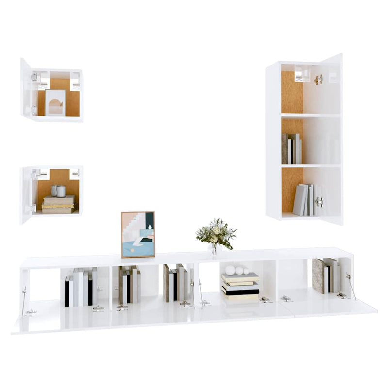 Set dulap TV, 5 piese, alb, lemn prelucrat