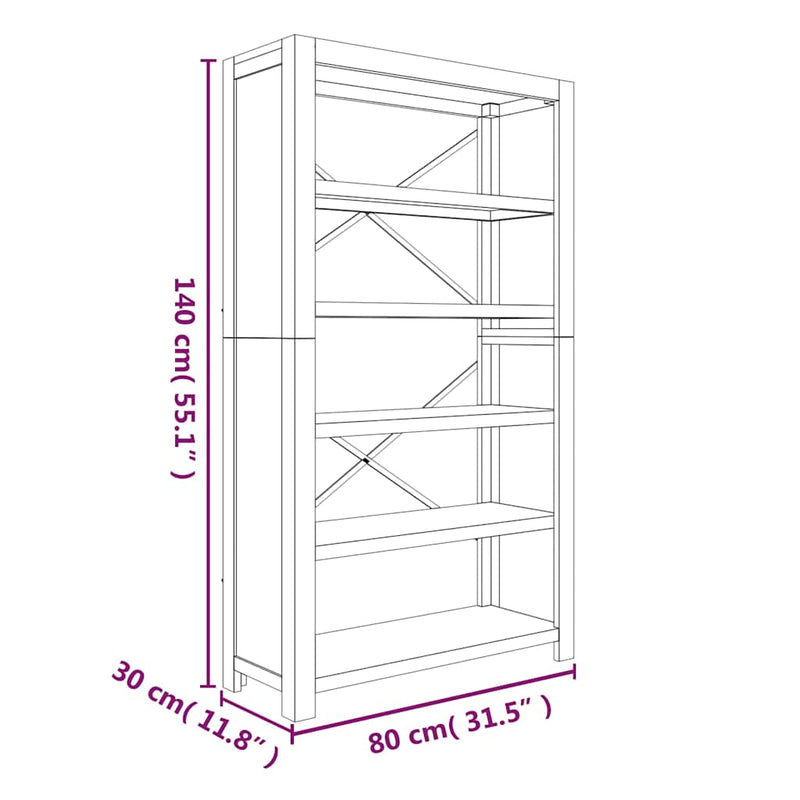 Bibliotecă cu 5 rafturi, 80x30x140 cm, lemn masiv de acacia