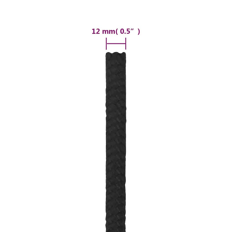 Frânghie de barcă, negru complet, 12 mm, 25 m, polipropilenă