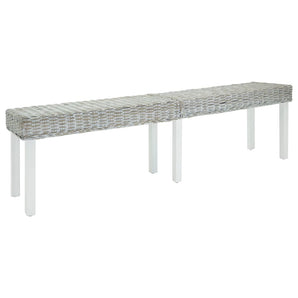 Bancă alb 160x35x45 cm, ratan kubu natural și lemn masiv mahon