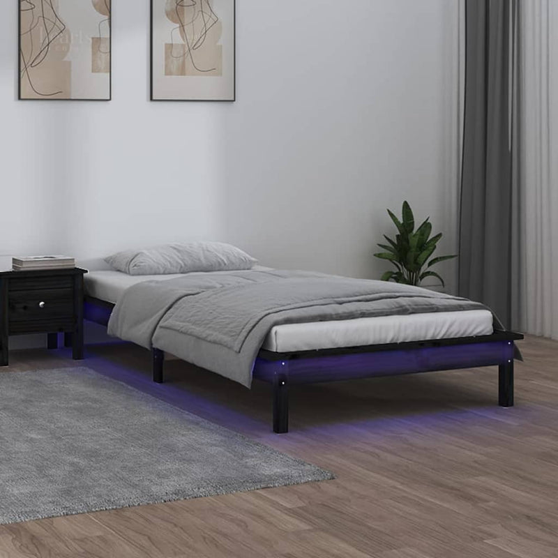 Cadru de pat cu LED, negru, 100x200 cm, lemn masiv