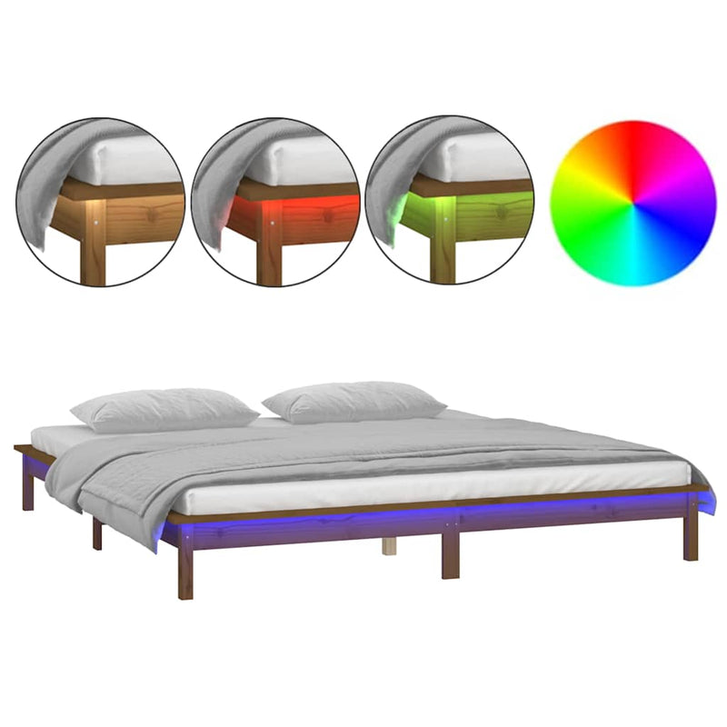 Cadru de pat cu LED, maro miere, 200x200 cm, lemn masiv