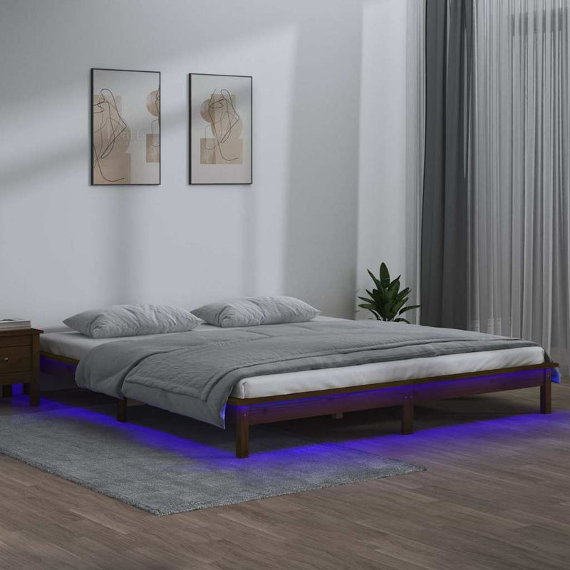 Cadru de pat cu LED, maro miere, 200x200 cm, lemn masiv