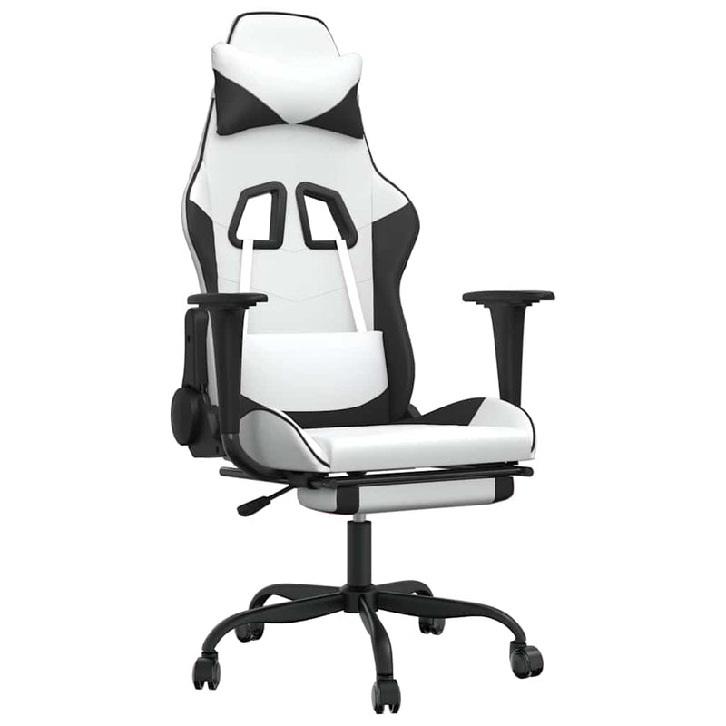 Scaun de gaming masaj/suport picioare alb/negru piele eco