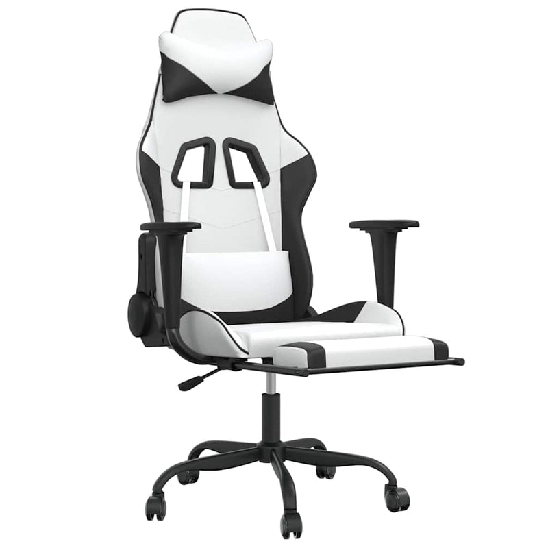 Scaun de gaming masaj/suport picioare alb/negru piele eco