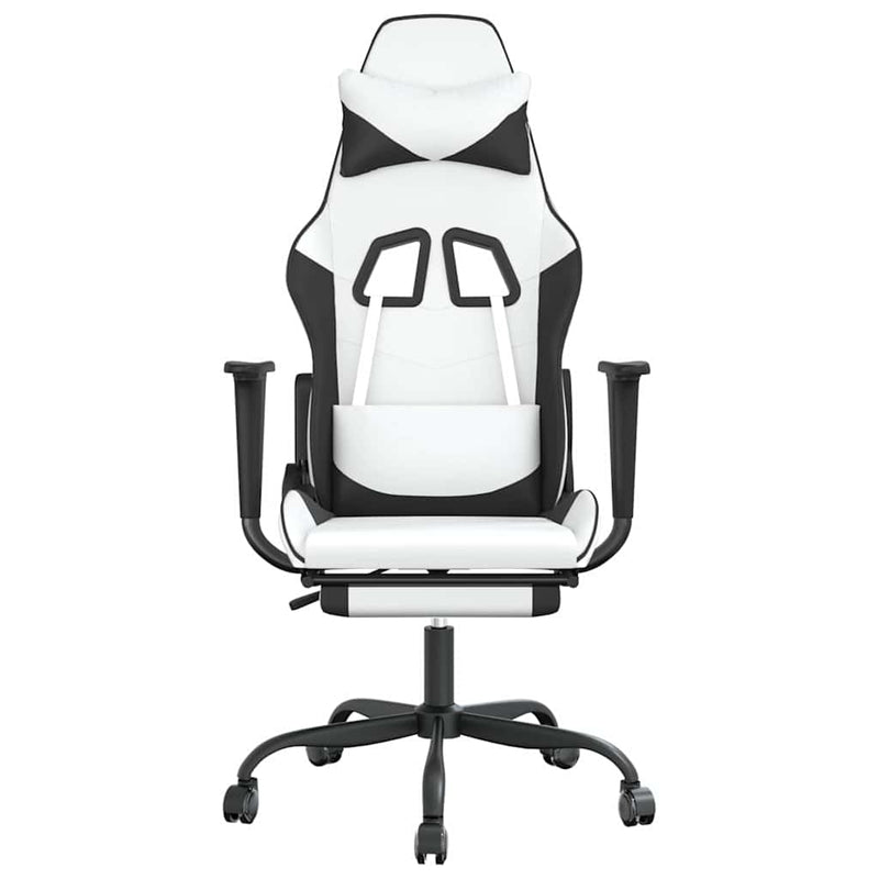 Scaun de gaming masaj/suport picioare alb/negru piele eco