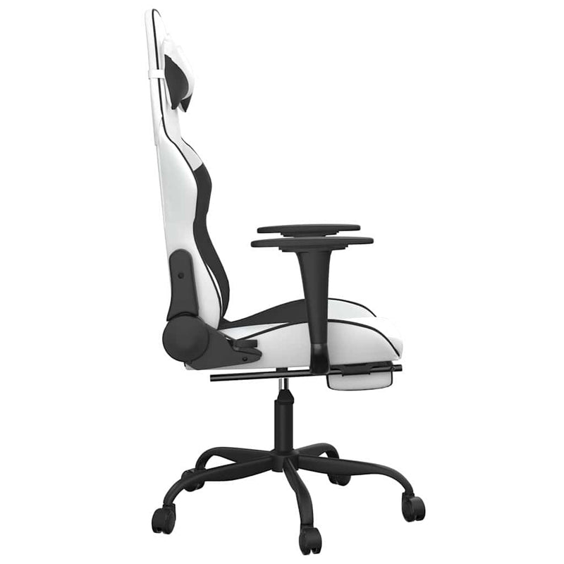 Scaun de gaming masaj/suport picioare alb/negru piele eco