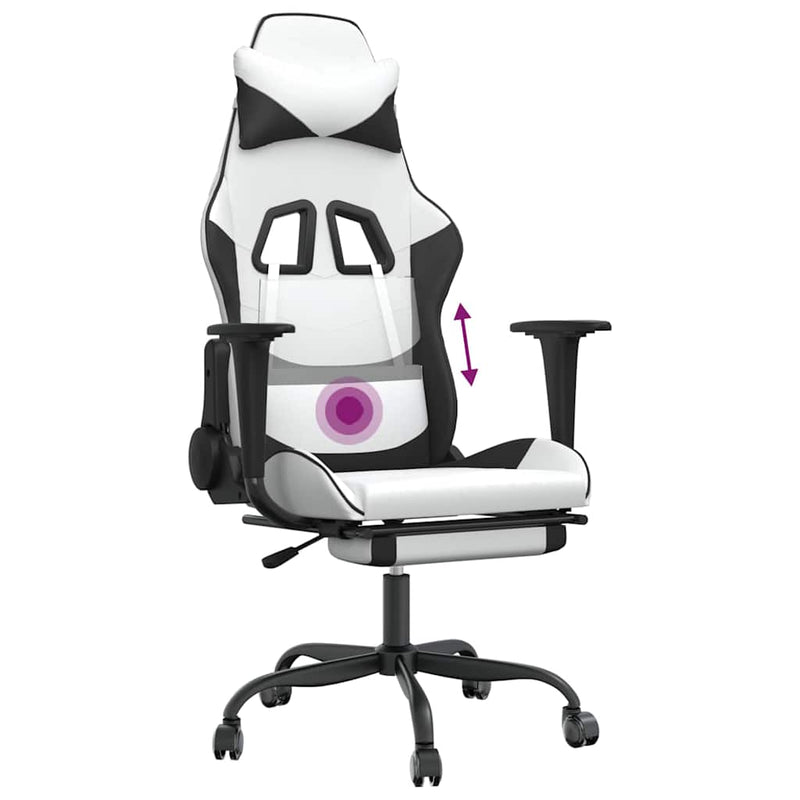 Scaun de gaming masaj/suport picioare alb/negru piele eco