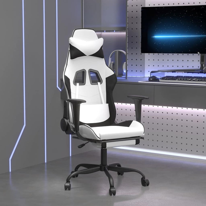 Scaun de gaming masaj/suport picioare alb/negru piele eco