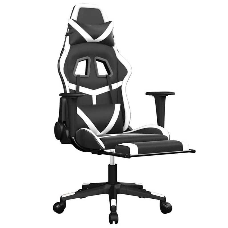 Scaun de gaming masaj/suport picioare alb/negru piele eco