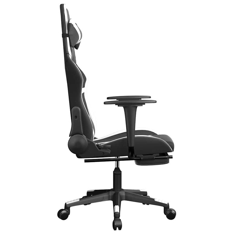 Scaun de gaming masaj/suport picioare alb/negru piele eco