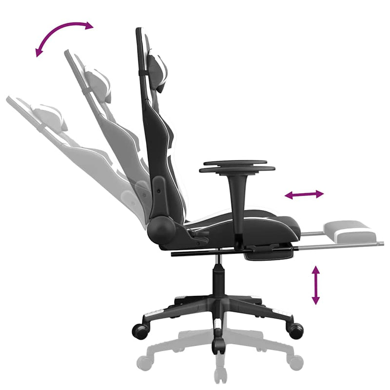 Scaun de gaming masaj/suport picioare alb/negru piele eco
