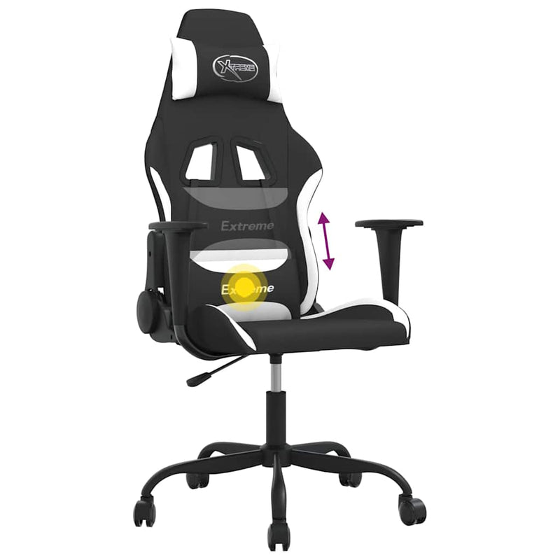 Scaun de gaming cu masaj, negru și alb, material textil