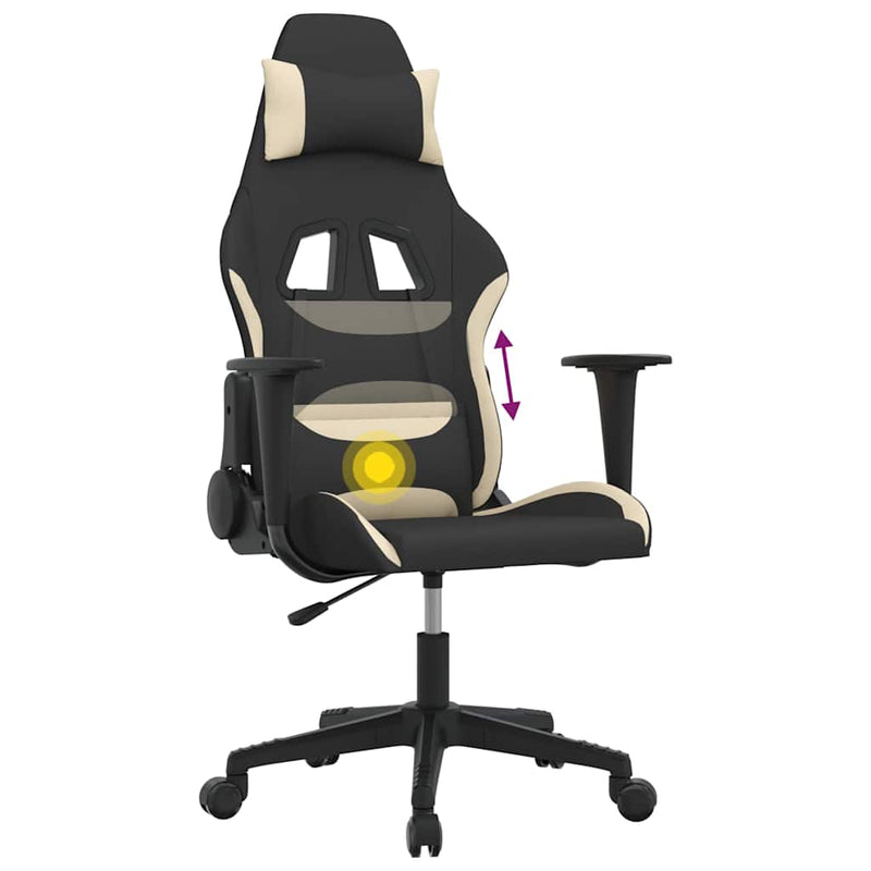 Scaun de gaming cu masaj, negru și crem, material textil