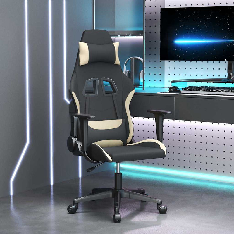 Scaun de gaming cu masaj, negru și crem, material textil