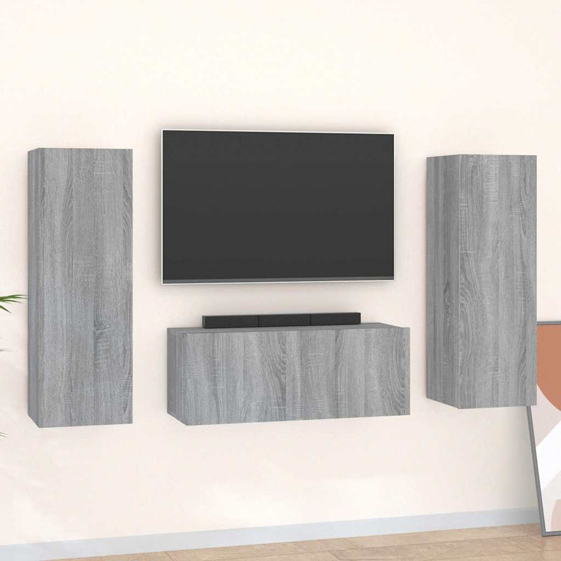 Set dulap TV, 3 piese, gri sonoma, lemn prelucrat