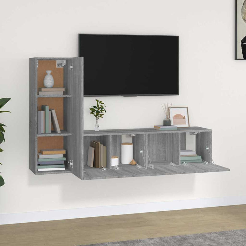 Set dulap TV, 3 piese, gri sonoma, lemn prelucrat