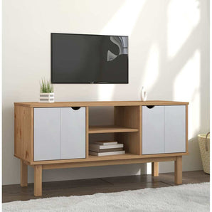 Dulap TV OTTA, maro și alb, 113,5x43x57 cm, lemn masiv de pin