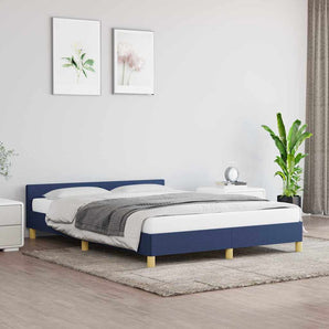 Cadru de pat cu tăblie fără saltea, albastru, 140x200cm, textil
