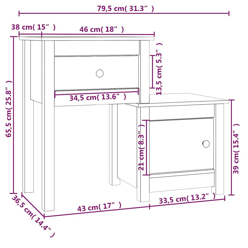 Noptiere, 2 buc., alb, 79,5x38x65,5 cm, lemn masiv de pin