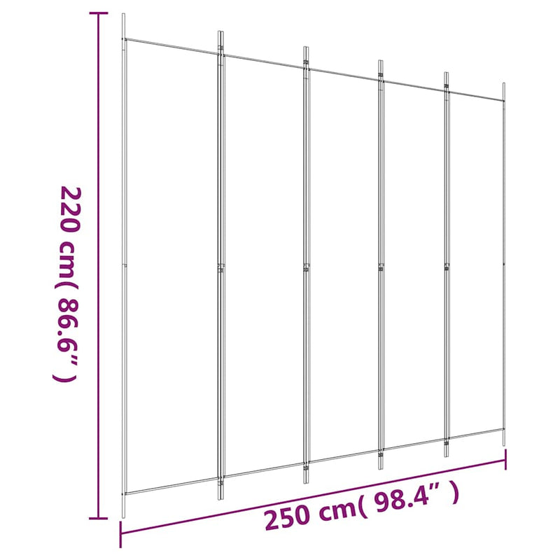 Paravan de cameră cu 5 panouri, alb, 250x220 cm, textil