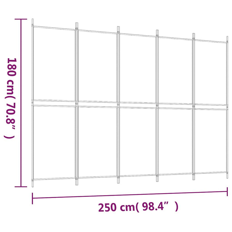 Paravan de cameră cu 5 panouri, maro, 250 x 180 cm, textil