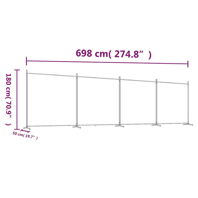 Paravan de cameră cu 4 panouri, maro, 698x180 cm, textil