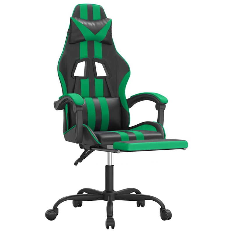 Scaun de gaming pivotant/suport picioare negru/verde piele eco