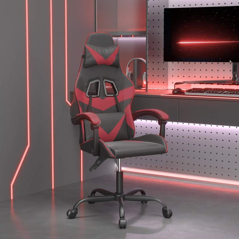 Scaun de gaming pivotant, negru și roșu vin, piele ecologică
