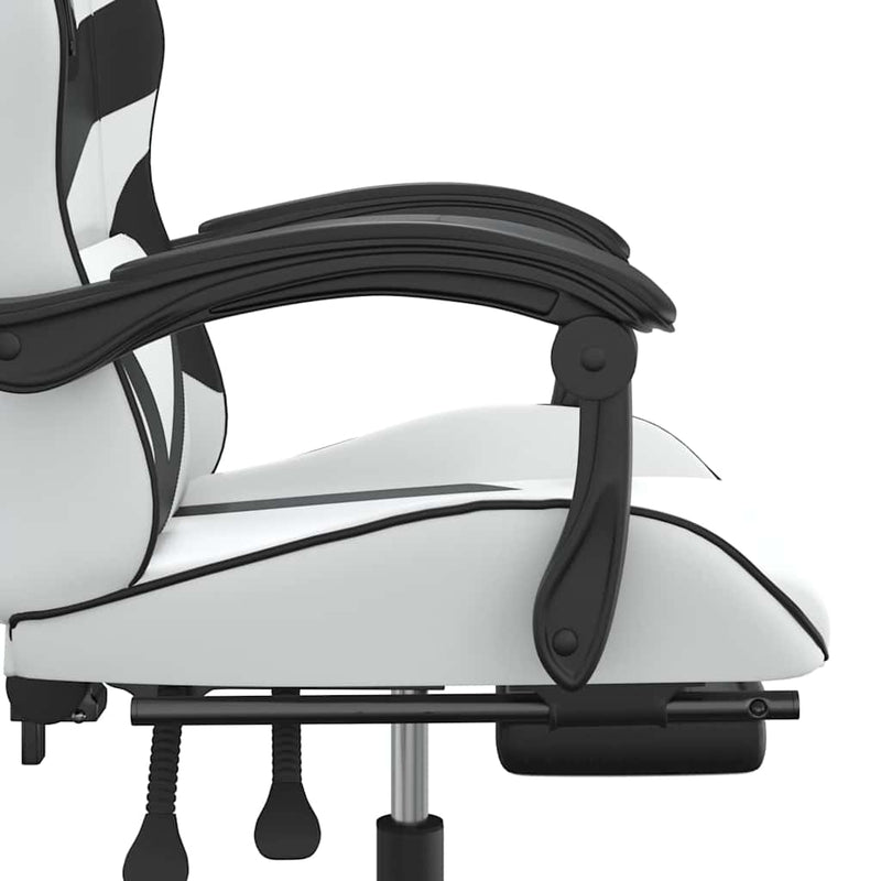 Scaun de gaming pivotant cu suport picioare alb&negru piele eco