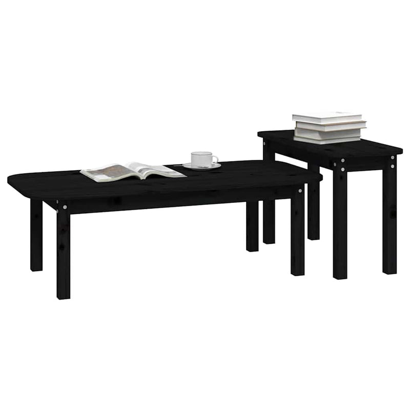 Set măsuțe de cafea, 2 piese, negru, lemn masiv de pin