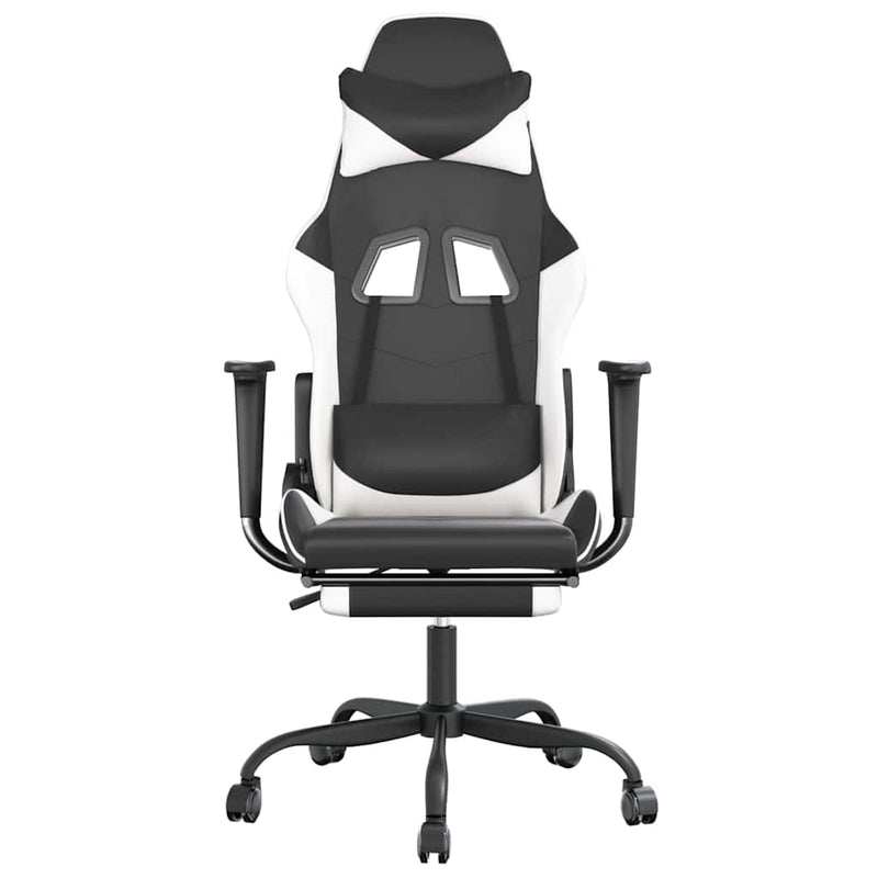 Scaun de gaming cu suport picioare, negru/alb, piele ecologică