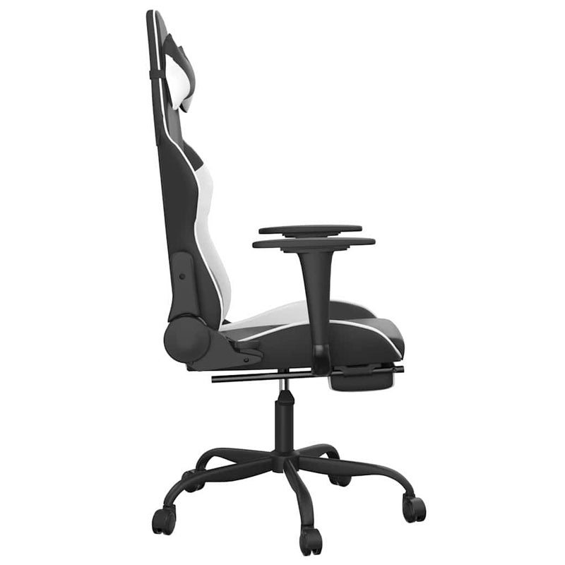 Scaun de gaming cu suport picioare, negru/alb, piele ecologică