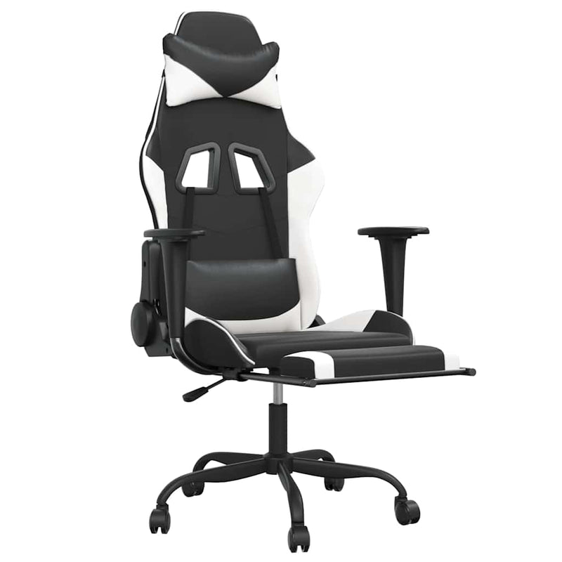 Scaun de gaming cu suport picioare, negru/alb, piele ecologică
